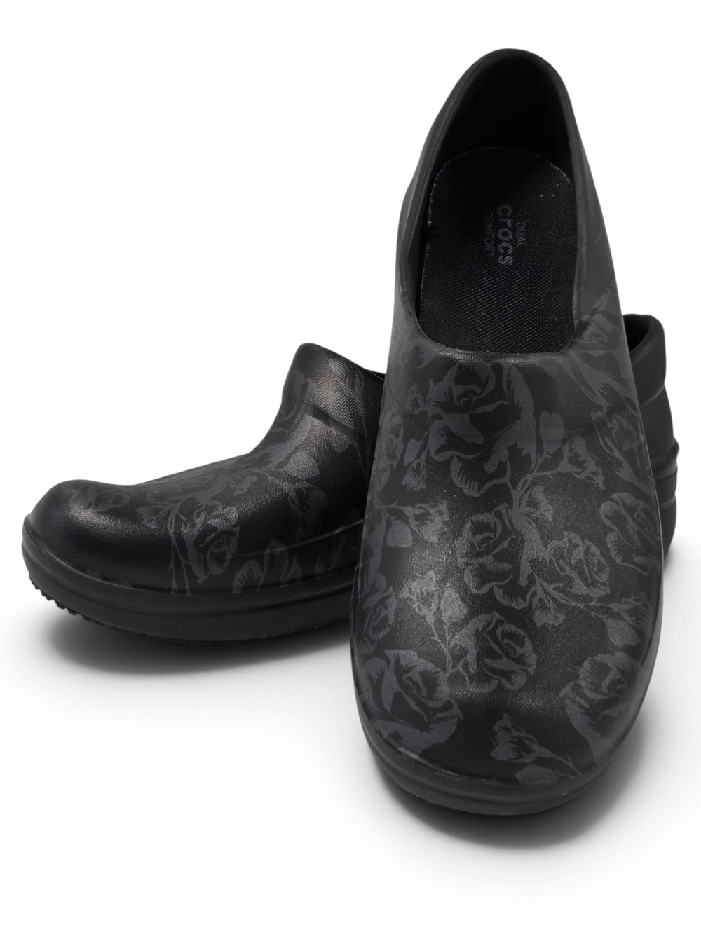 Crocs Neria Pro II Black Floral Rose Slip Resistant Work Clogs Womens Size 9 EUC
